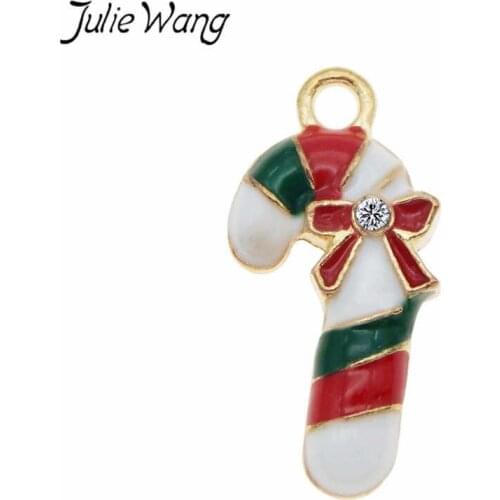 Julie Wang 10pcs Enamel Christmas Cane Charms Gold Tone Pendant Necklace Jewelry Finding Making Accessory Festival Decor