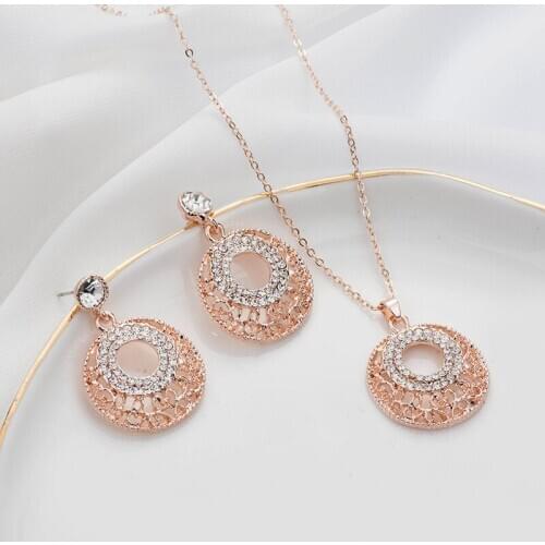Classic Rhinestone Inlaid Round Hollow Metal Hoop Pendent Earrings Necklace Set Korean Neck Ear Jewelry Sets for Women Girl Gift