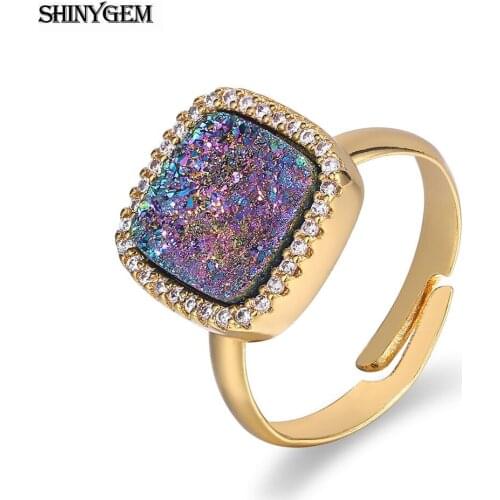 ShinyGem Fashion Crystal Druzy Rings Inlay Zircon Gold Plating Adjustable Size Natural Colorful Stone Rings For Women Wedding