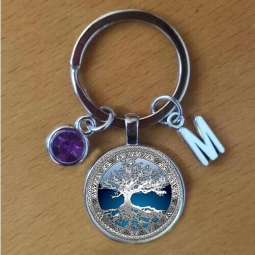 Tree of Life blue key ring, key chain with birthstone, initial DIY birthstone glass keychain