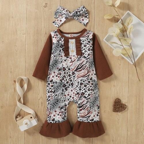 2 Pcs Newborn Girls Animal Print Ruffle Rompers Long Sleeve Jumpsuit Bowknot Headband Infant Baby Clothing