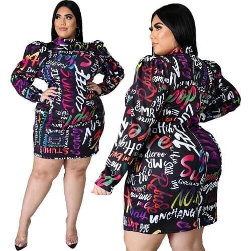 Colorful Letter Printing Women Plus Size Party Dress Ladys Autumn Stand Collar Puffy Sleeve Zipper Pleated Bodycon Mini Dresses