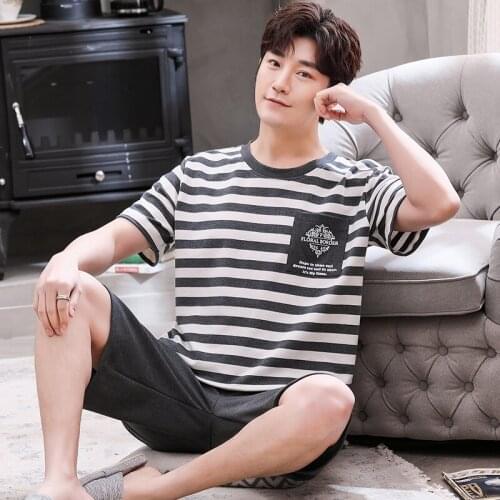 Summer Fashion Gray Stripe Men Pajamas Set Short Sleeve Mens T Shirt Cotton Loose Plus Size Home Wear O-Neck Casual Sleepwear