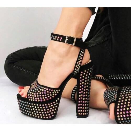 Moraima Snc Peep Toe Platform Thick Heels Sandal for Woman Summer Ankle Strap Gladiator Shoes Crystal Sexy Sandal