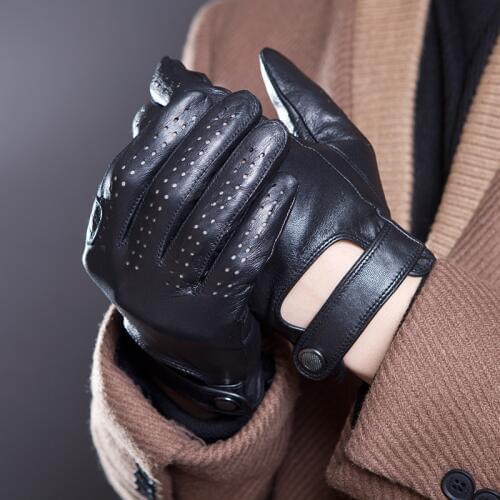 Men Imported Sheepskin Genuine Leather Touchscreen Gloves Male Spring Autumn Anti-Slip Breathable Black Driving Mittens JM14