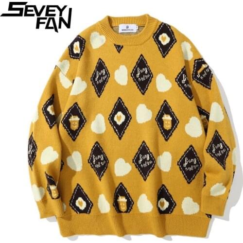 SEVEYFAN Mens Fashion Diamond Jacquard Sweaters BF Loose Cotton O Neck Kintwear Hip Hop Pullover Sweater for Couples