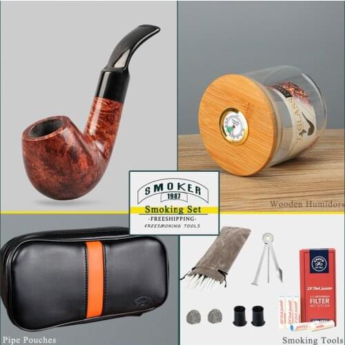 ▂ξ Smoker~Smoking Tobacco Pipe Set,Briarwood Tobacco Pipe+Wooden Humidors+Pipe Pouches With Smoking Accessories Freeshipping