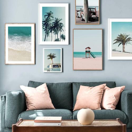 Wall Art Canvas Painting Beach Palm Tree Surfboard Car Nordic Posters And Prints Landscape Wall Pictures For Living Room Decor
