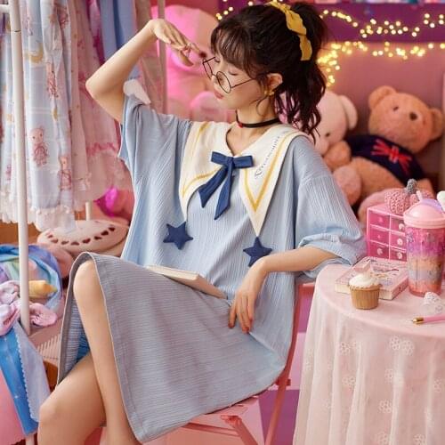 New Womens Lolita Dress Light Blue Navy Collar Bows Princess Sleepshirts Cotton Short Sleeve Ladies Nightgowns Summer Sleepwear