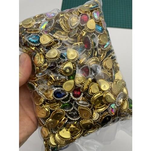 Wholesale hot sale 500pcs tear drop rhinestone sew on rhinestone 10*14mm gold base