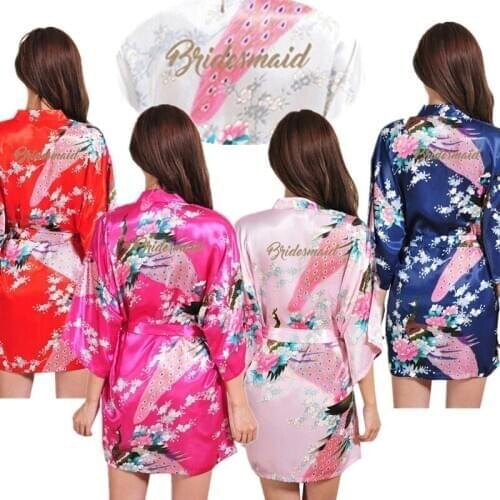 Wholesale Bridesmaid Gold Glitter Peacock Women Kimono Robe Satin Short Floral BathRobe Dressing Gowns for Wedding Party T16