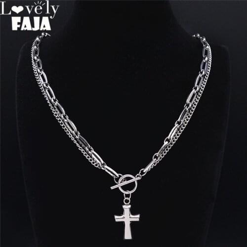 2021 Punk Cross Necklace Pendant for Women/Men Silver Color Stainless Steel Double Layer Necklace Jewelry bijoux homme NK68S03