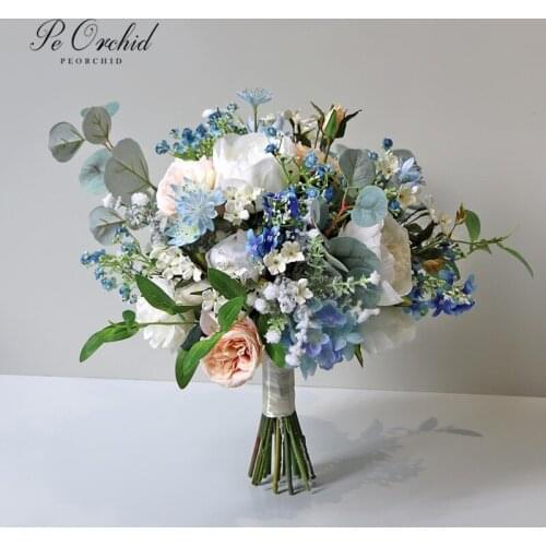 PEORCHID Romantic Blue Bridal Bouquet Artificial Wedding Flowers For Brides Ramo Novia Boda White Peony Rose Bouquet 2021