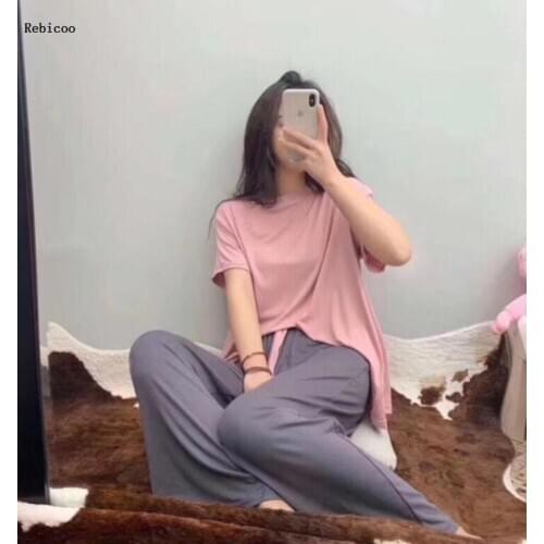 Half-sleeve women pajamas set spring autumn loose cotton sleepwear pijama female nightwear pajama wide leg pant pyjama femme
