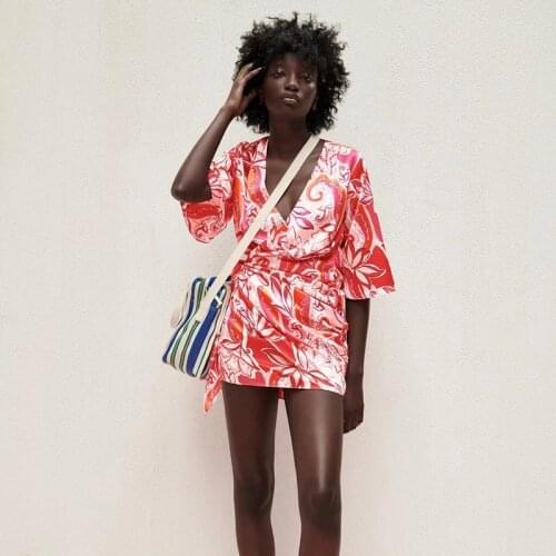 2021 Summer Autumn Holiday Sexy Red Printed Slim Loose V-neck Sexy Belt Tied Mini Dress