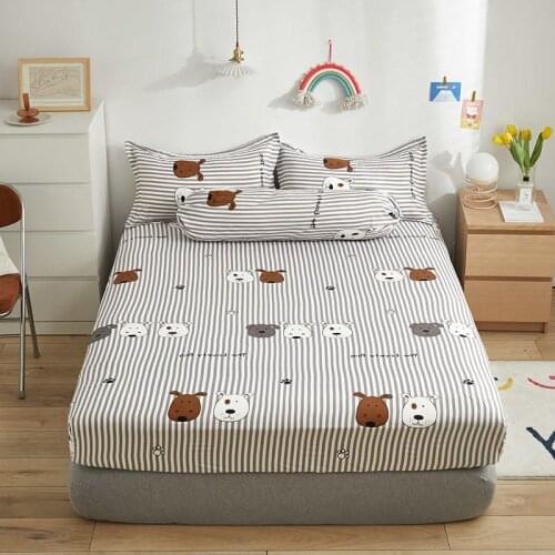Twin Size Fitted Sheet With Elastic Cartoon Dog Pattern Mattress Cover For Single Bed Off-White Stripes Sheets(No Pillowcase)