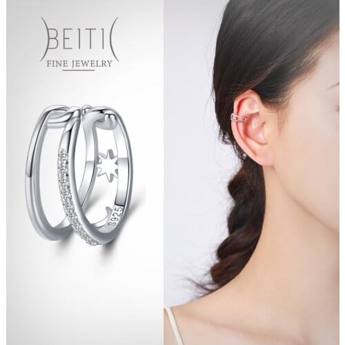 Beitil Star Moon Trendy 100% 925 Sterling Silver Ear Clip Earrings For Women Wedding Engagement Fine Female Jewelry