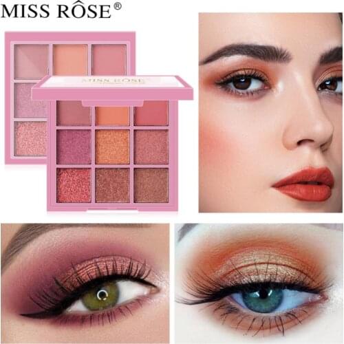 MISS ROSE Pearlescent Matte 9 Color Eye Shadow Waterproof Long-lasting Natural Shimmer Diamond Eye Shadow Palette Makeup TSLM1