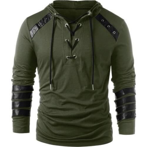 Mens Gothic Steampunk Hoodie Shirts Sweatshirt Lace Up Long Sleeve Pullover Hooded Casual Blouse Tops