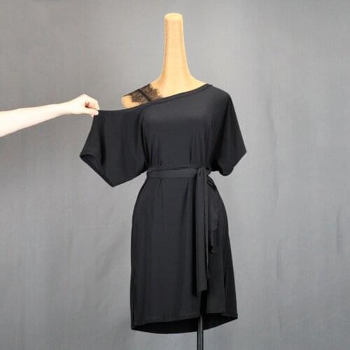 Latin Dance Loose Practice Dress Black Lace Strap Bat-Sleeved Dance Dress Women Rumba Samba Dancing Clothes Adult Dress DNV14907