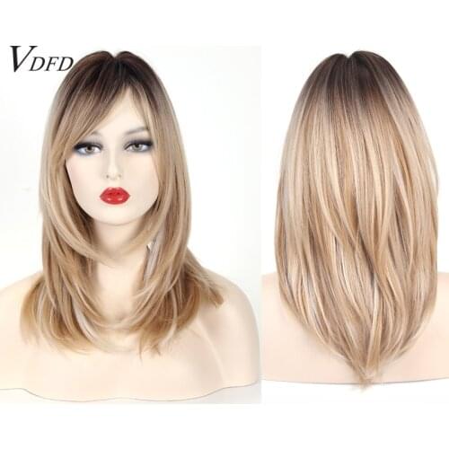 VDFD Brown Ombre Golden Blonde Wig with Bangs Straight Layered Natural Hair Shoulder Length Mixed Color for Women