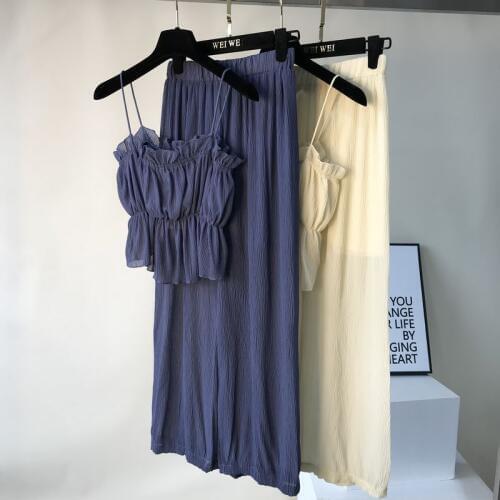 Amolapha Women Chiffon Straps Tops Pants Sets Solid Ruffled Jumpers Loose Pant Suits for Woman