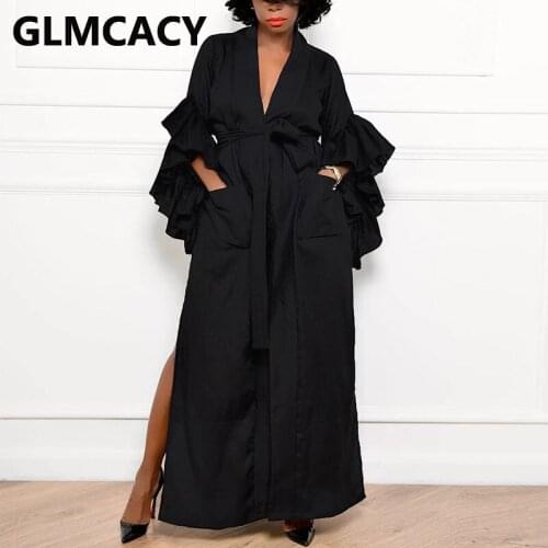 Women Ruffles Sleeve V Neck Slit Maxi Dress Elegant OL Long Dress