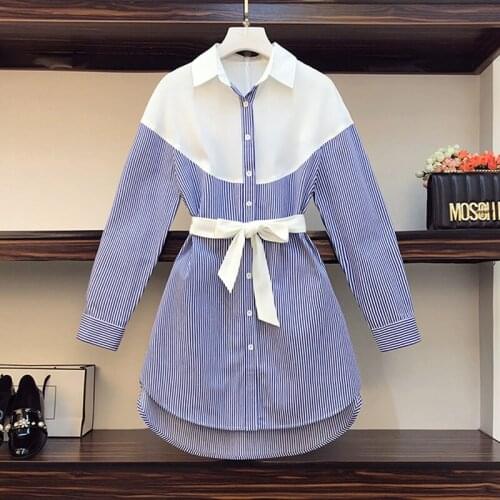 4XL plus size women casual Stripe shirt dress autumn winter 2021 long sleeve turn down collar Patchwork button short dresses