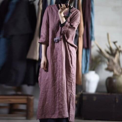 Johnature Fashion Retro V-neck Pockets All-match Long Sleeve Dress 2021 Autumn New Cotton Linen Comfortable Women Pullover Dress