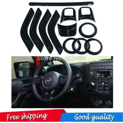 12 pic black / red Full Set Interior Decoration Trim Kit with Special Mark Logo For Jeep Wrangler Cab 4 Door 2011 - 2015