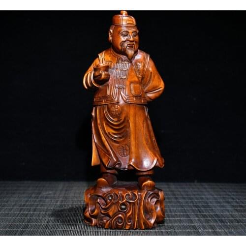 8"China Lucky Old Boxwood Gilt Hand-carved Statue of the rich man Landlord Rich man represent Office Ornaments Town House