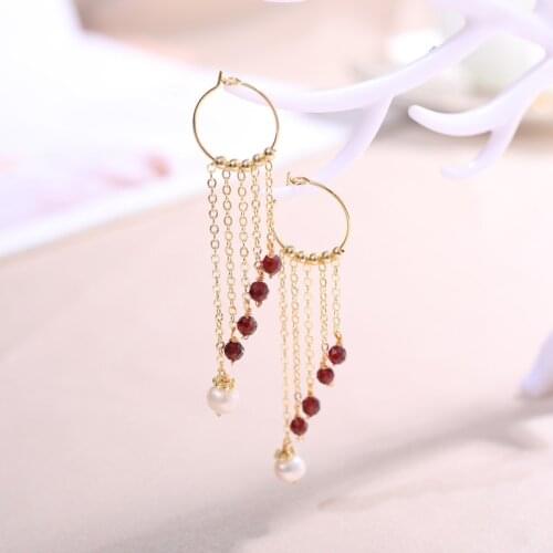 DAIMI 3-4mm Natural Garnet and Pearl Earrings Copper Gold Plated Tassel Earrings For Women