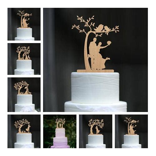 Wood cake topper Mixed Style Bride and Groom with Dog and Cat Silhouette Tree Wedding Engagement Cake Topper 6pcs/lot