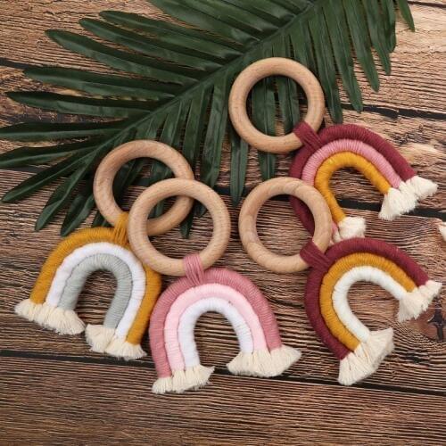 Baby Teething Ring Rainbow Wooden Boho Baby Teether Stroller Toys Shower Gift