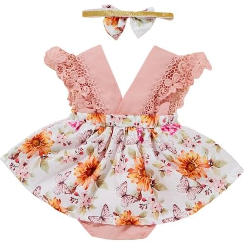 Baby Girl’s Casual Fly Sleeve Romper Fashion Butterfly Print Hem Flounce Jumpsuits and Headband