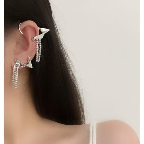 European American Flashing Crystal Tassel Chain Earrings Woven Thread Elven Ears Temperament Ear Clip Fairy Ears Jewelry New