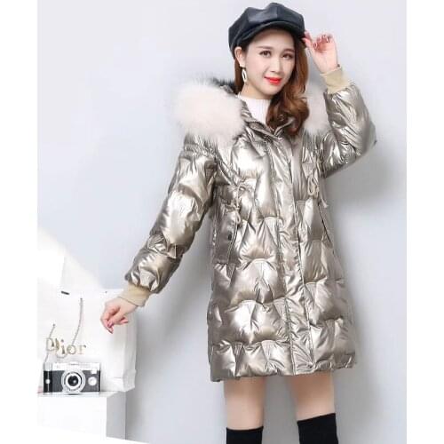 Glossy Down Jacket Womens Parkas 2021 Winter New Korean Large Fur collar Hooded Long Coat Loose Casual Female snow Outwear