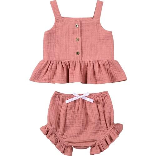 2Pcs Toddler Kids Baby Girl Summer Outfits Solid Color Sleeveless Ruffle Button Front Tank Tops + Bloomer Shorts Outfits Set