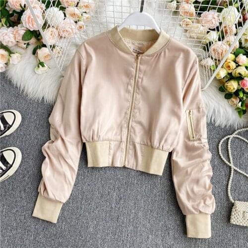 2021 Spring Autumn New Fashion Women Long Sleeve Loose Jacket Solid Zipper High Waist Short Baseball Coat Casual Overcoat