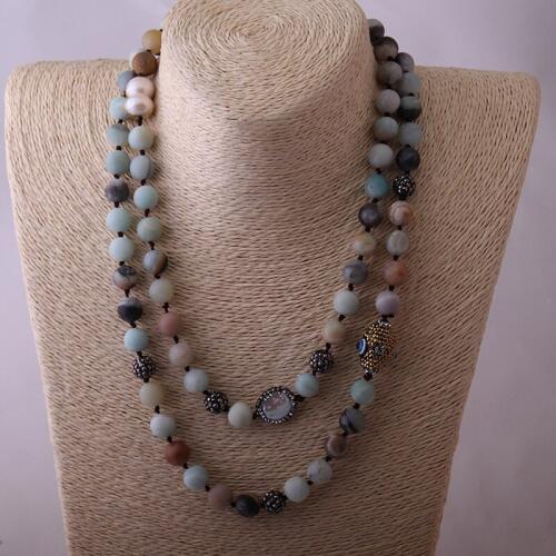Fashion Blue Green Amazonite Beads Halsband Handmake Black Crystal Paved Natural Stone Necklace