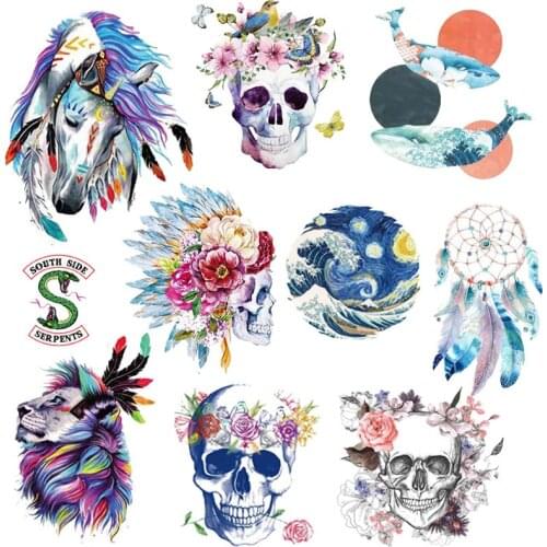 T Shirt stickers water color animals patch iron on Transfers for Clothes Iron on transfers hippie skull Patch stripe On Clothes