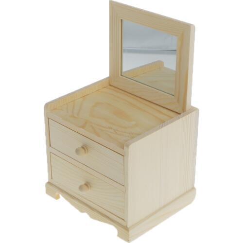 Unfinished Wooden Jewelry Storage Box 2 Drawers with Mirror for Arts Crafts Home Décor