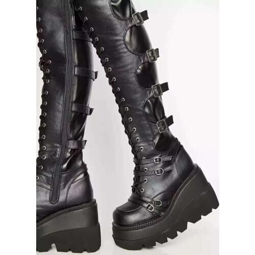 New Rome Knee High Boots PU Lace Up Boots Plus Size Black Super High Buckle Wedges Platform Shoes Ladies Boots