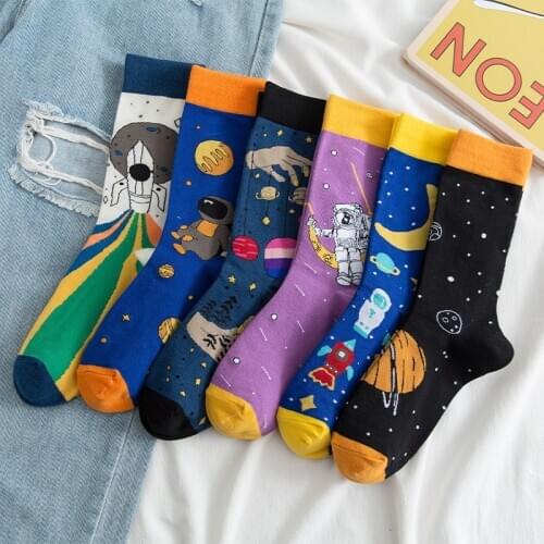 PEONFLY Cotton Womens Socks Harajuku Colorful Cartoon Cute Astronaut Funny Kawaii Space Unisex Socks For Christmas Gift