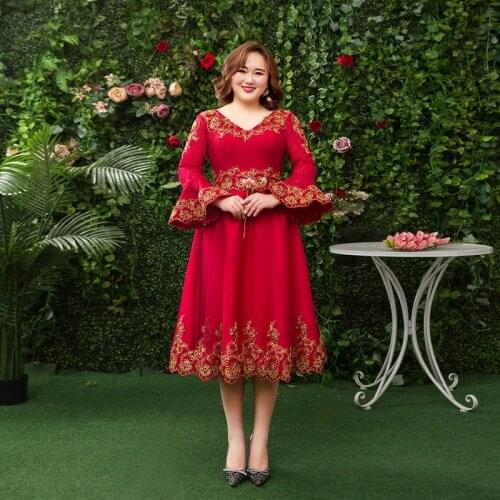 Evening Dress Full Sleeves Floral Print V-Neck Pleat Empire Lace Up Tea-Length Elegant A-Line Plus Size Women Formal Gowns D1201