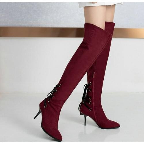 Womens Thigh Boots Winter Flock Cross Tied Fringed Stiletto High-Heeled Fashion Boots Female Pointed Toe Side Zipper Shoes