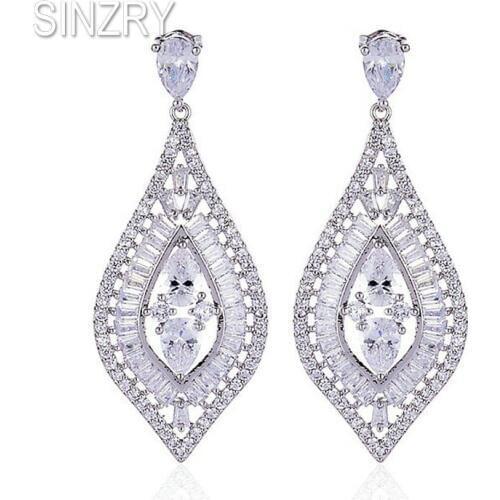 SINZRY Luxury bridal jewelry white AAA Cubic zircon dazzling leaf shape long drop earrings for wedding costume jewelry