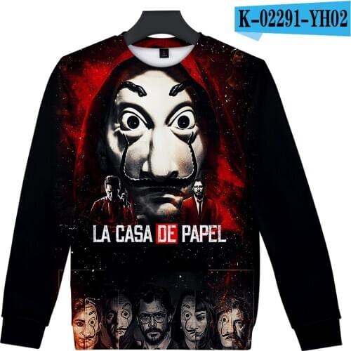 High Quality 3D bella ciao Sweatshirts La Casa De Papel Money Heist TV Mens Hoodies Male Sweatshirts Round neck sweater Hoodie