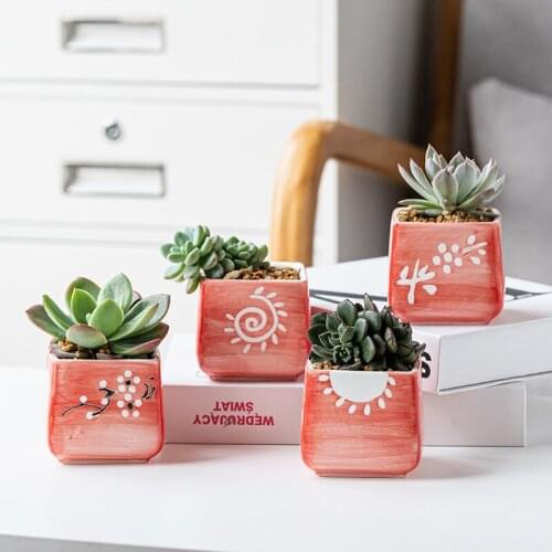 Korean Hand Painted Square Succulent Pot Creative Pink Succulent Ceramic Flower Pot Combination Green Plant Bonsai Potted Plant