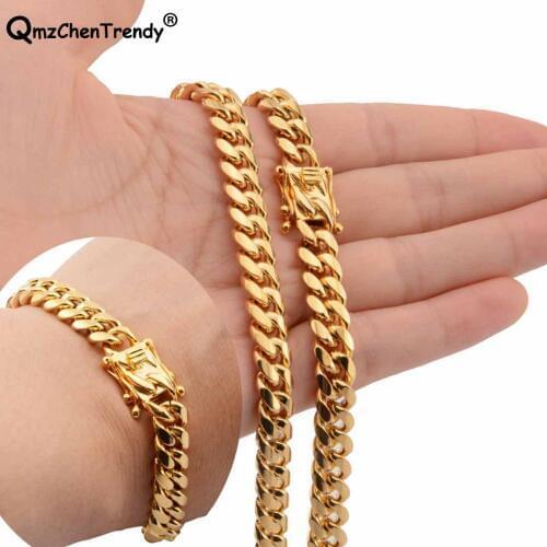 Hip hop Mens 8mm Chain Miami Curb Cuban Necklace Bracelets 316L Stainless Steel Hip Hop Golden Curb Men Boy Jewelry sets